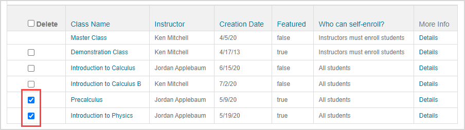 The check boxes of more than one class from the class search search results are selected to indicate the classes that are to be deleted.